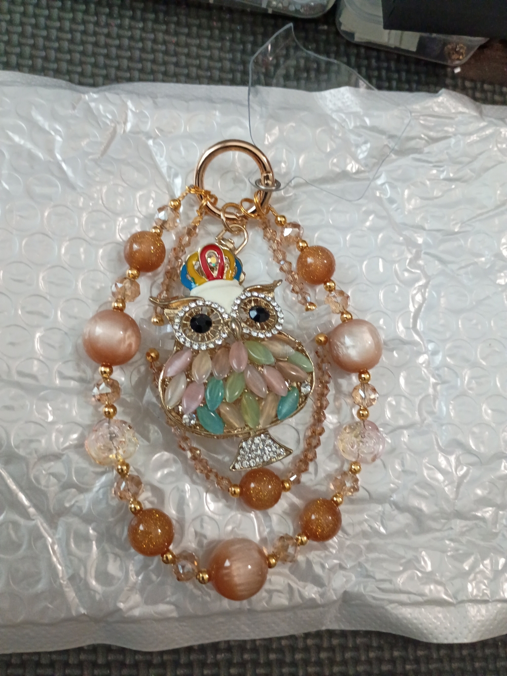 Gold-Tone Multicolor Owl Pendant Necklace with Beaded Chain